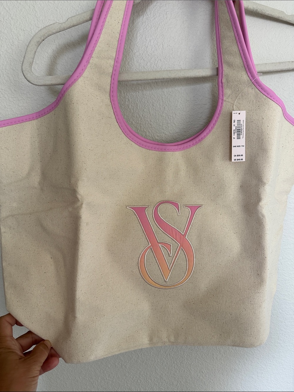 Victoria's Secret Neutral Canvas Tote with Pink Trim and Gradient VS Emblem
